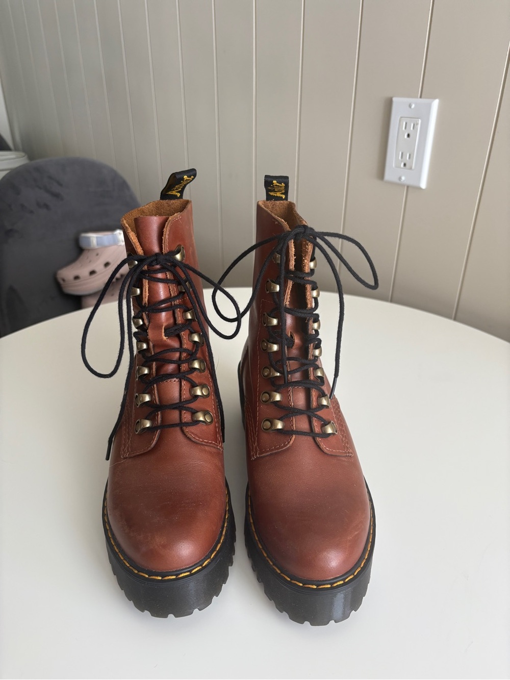 Dr. Martens Leona - Brown Leather Lace-Up Platform Boots